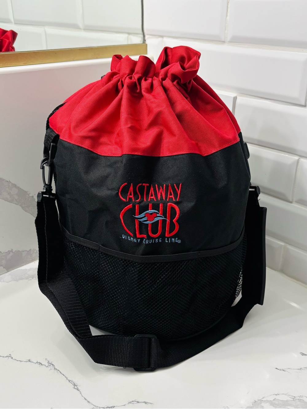 Disney Cruise Line Castaway Club Red/Black Drawstring Bucket Bag with Strap